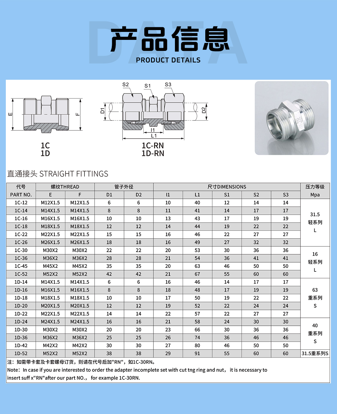 1C-H型 直通接头参数
