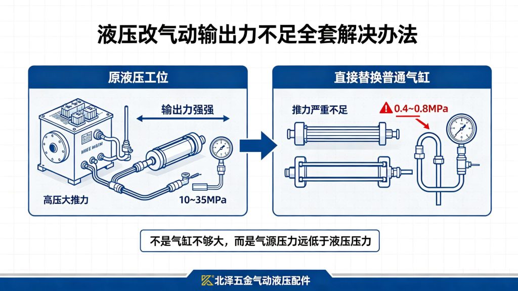液压改气动输出力不足解决方案